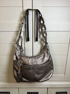 BRIGHTON HOBO 4 Pocket Tote Bronze metallic Leather Fringed Heart Purse